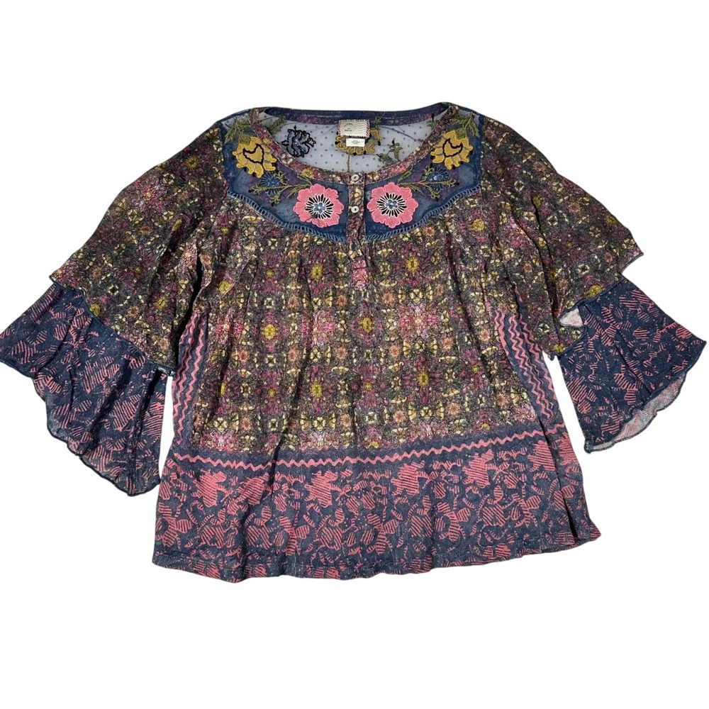 Anthropologie Postmark Mixed Print Embroidered Mesh Boho Blouse Pink Blue Medium